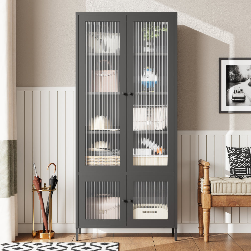 Large Metal Storage Cabinet Display Cabinet with 4 Glass Doors 5 Shelves Side Cabinet Bookcase Freestanding Cabinet for Bedroom Living Room Pantry Home Office - Black, Fluted Tempered Glass