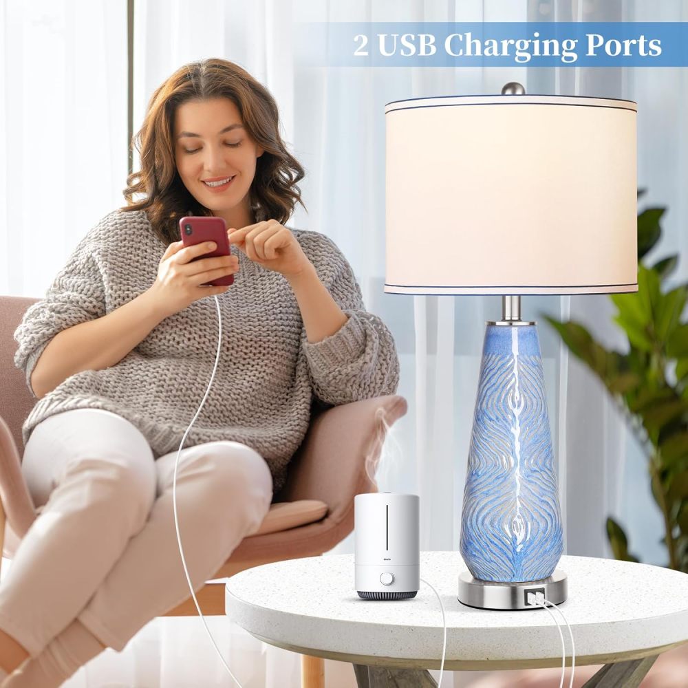 Modern Table Lamp Set of 2 Touch Control, 27" Tall Blue Art Ceramic Bedside Lamp with USB Ports, 3-Way Dimmable Hand Crafted Nightstand Lamps with White Shade for Living Room Bedroom Office