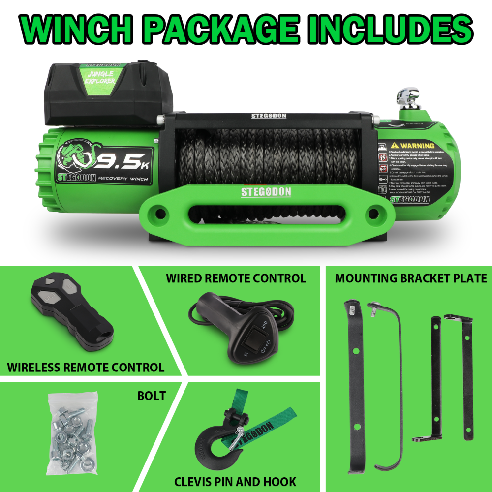 STEGODON 9500 lb. Load Capacity Electric Winch,12V Waterproof IP67 Electric Winch with Hawse Fairlead, Synthetic Rope Winch with Wireless Handheld Remote and Wired Handle