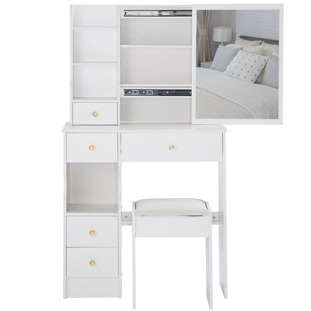 29.2" Small Size Left Drawer Desktop Vanity Table + Cushioned Stool, 2 AC+2 USB Power Station, Hair dryer bracket, Extra Large Touch Control Sliding LED Mirror, Tri-color Switching, Brightness Adjust