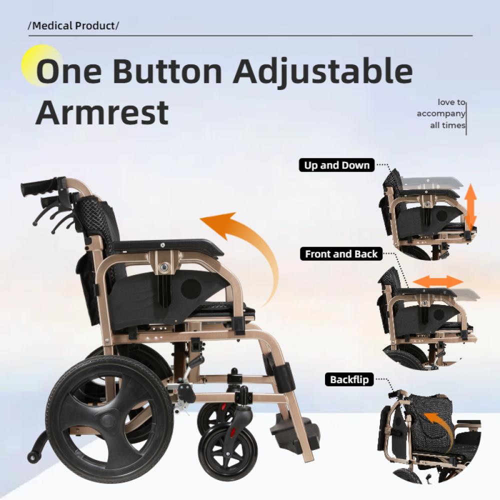 Foldable lightweight wheelchair. Equipped with double hand brakes. Adult wheelchair. Weighs only 27 lbs. Reversible and height adjustable armrests (15" rear wheels). Color Champagne gold