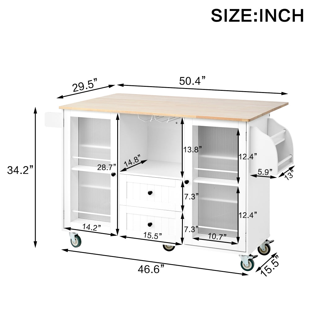 Mobile Kitchen Island Storage Trolley Cart on Wheels with Dropleaf Top, Towel/Spice Rack,2 Drawers, 2-Door Cabinet, White