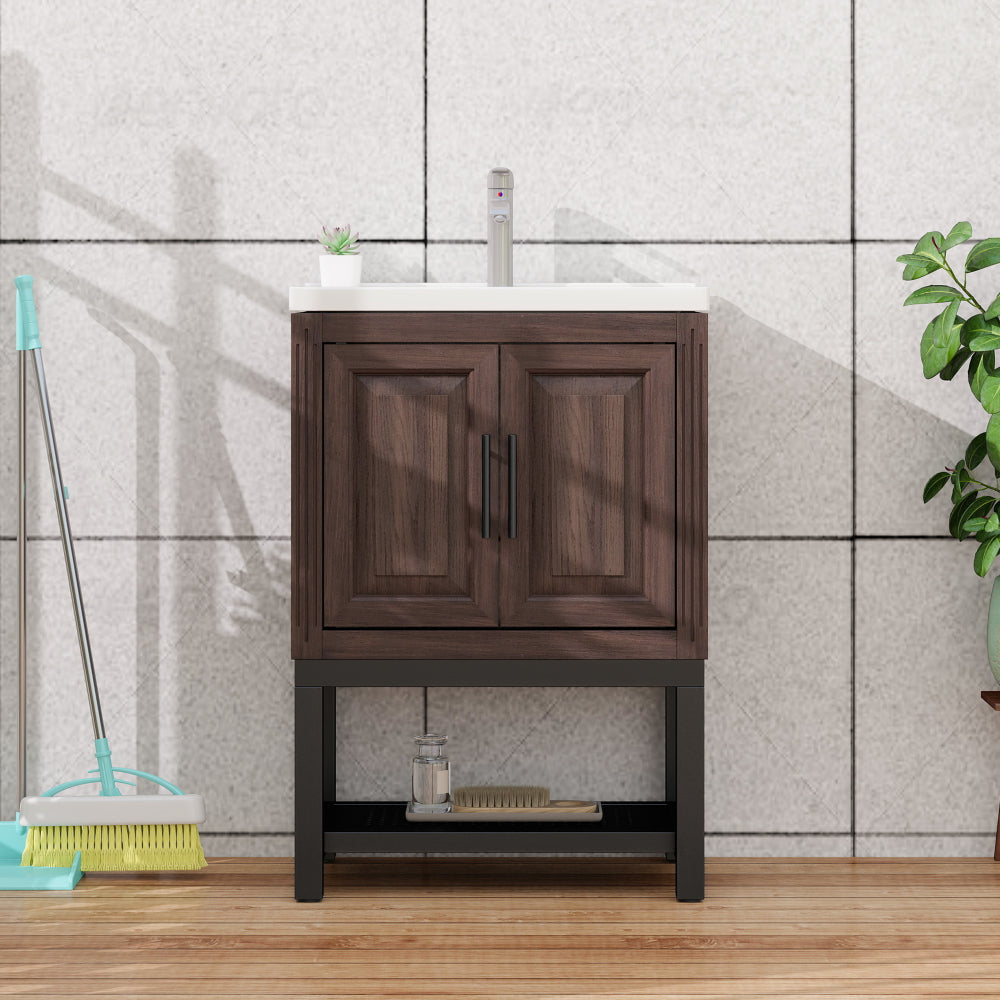 24" Bathroom Vanity with White Ceramic Sink & Hot and Cold Faucet , Freestanding Bathroom Cabinet with 2 Storage Doors and Open iron Shelf for Bathroom