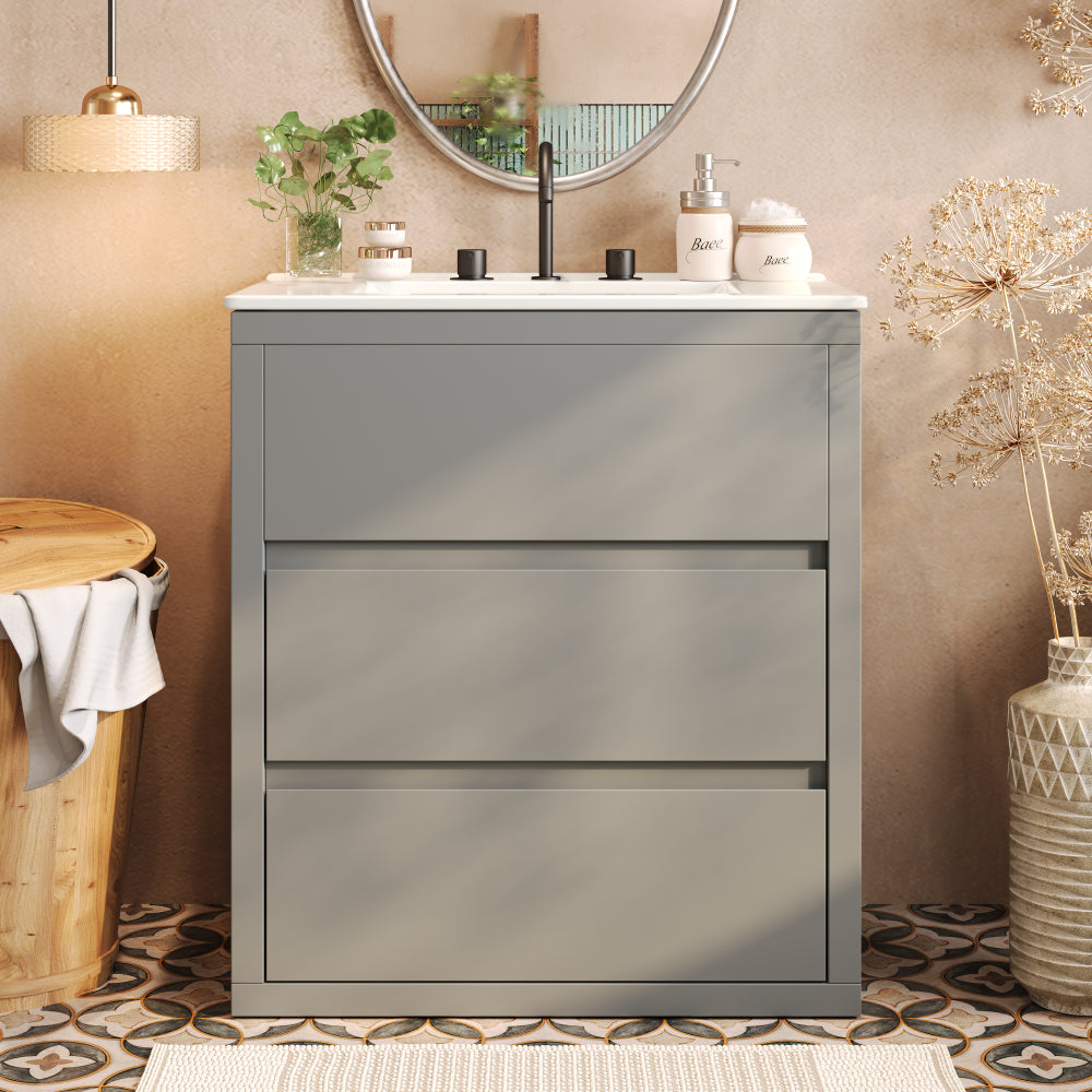 30" Modern Bathroom Vanity with Ceramic Sink, Bathroom Vanity Cabinet with Tempered Blurred Glass and Matte Black Handles, Equipped with Large Storage Space and Rubber Wood Frame, White