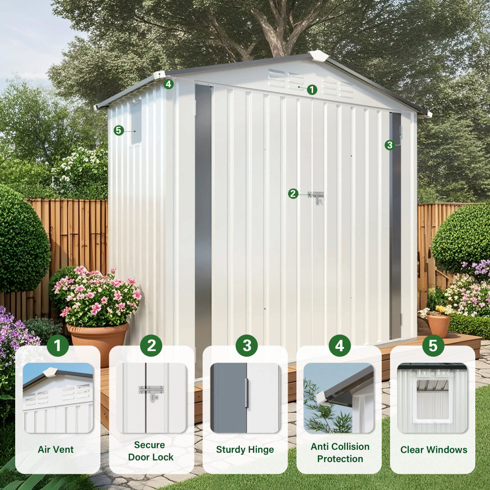 6X3.5FT Metal Storage Shed,Tool Shed with Peaked Roof Waterproof with Clear Window and Lockable Door Compact Tool Shed for Garden, Backyard,Patio,Sundries and Bike Storage, White