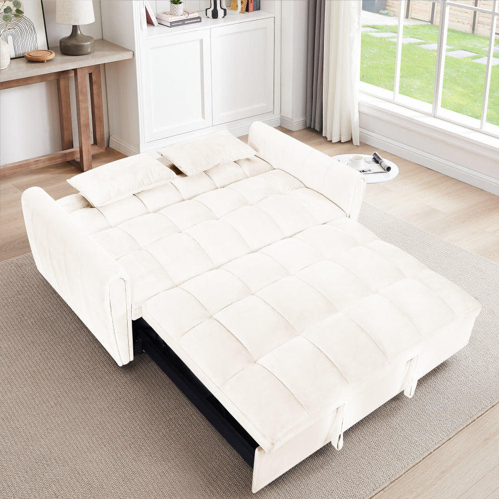 65"3-in-1 foldable large size sofa bed, modern velvet double sofa, sofa bed with adjustable back, storage bag and pillow, suitable for living room, bedroom (beige)