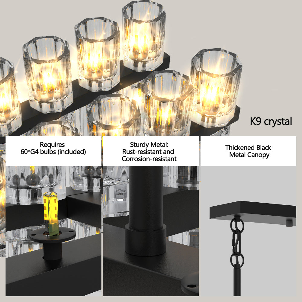 (L005030-D54-P60B/W1340P310780)Rectangular Luxurious Crystal Chandelier for Living Room & Dining Room, Black Frame with K9 Crystals
