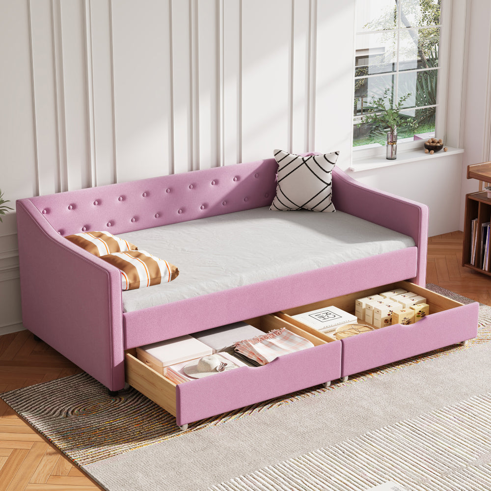 Twin Size Daybed with Drawers Upholstered Tufted Sofa Bed, with Button on Back and Piping on Waved Shape Arms-Light Grey