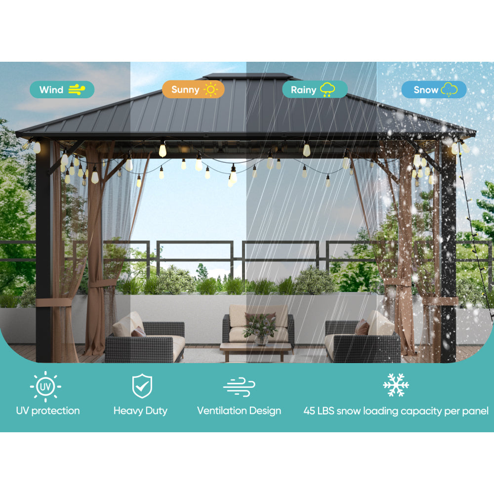 10x12 Hardtop Metal Gazebo,Heavy Duty Pergola with Mosquito Nets&Galvanized Steel,Sturdy Outdoor Canopies Tent,Suitable for Gardens,Patio,Backyard