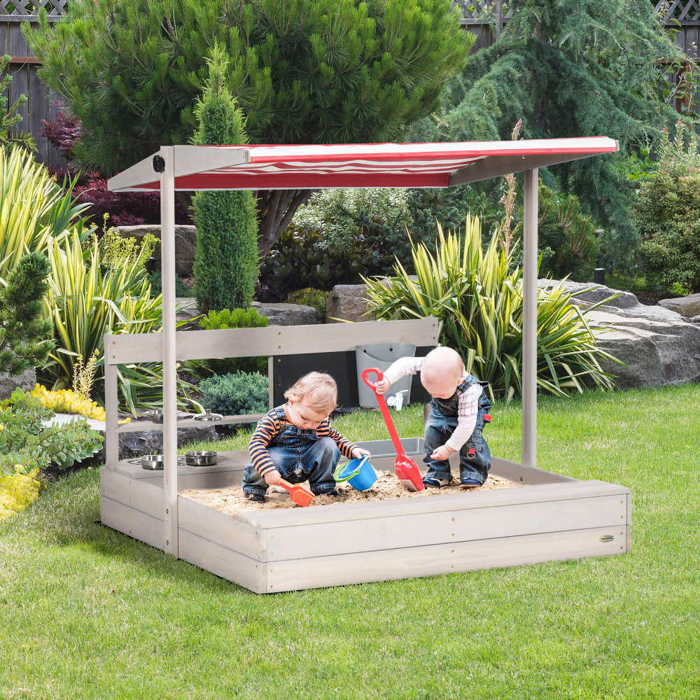Outsunny Kids Sandbox with Canopy Adjustable, Wooden Sandbox Backyard Toy with Kitchen Playset Accessories, Outdoor Activity Gift for Girls and Boys, Ages 3-7