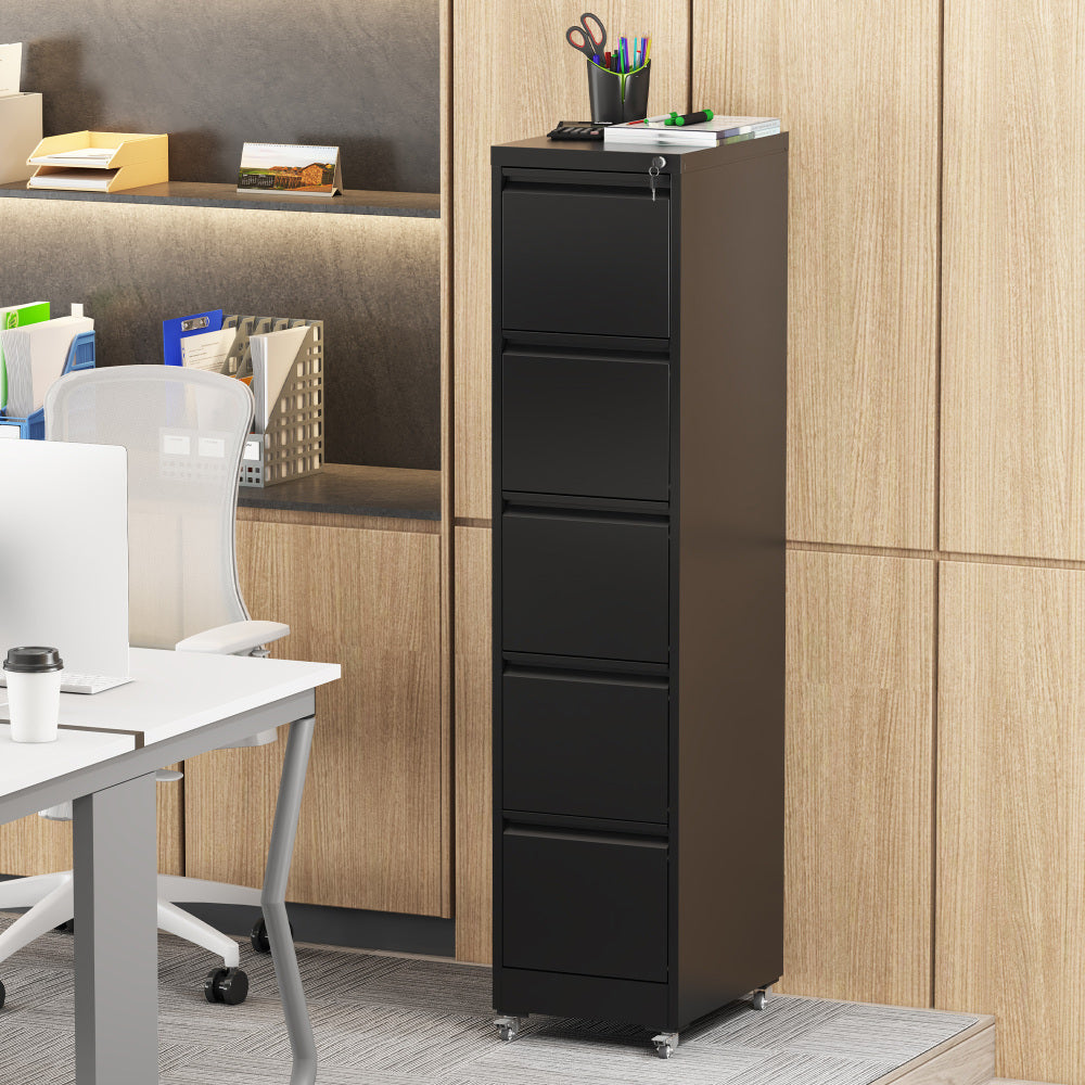 3 Drawer Metal Vertical File Cabinet with Lock and Card Slot Office Home Vertical File Cabinet for A4 Legal/Letter Size Narrow File Cabinet Locked,Assembly Required (Black)