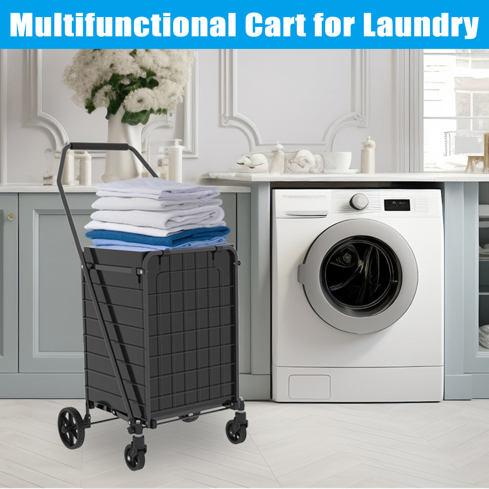 Shopping Cart with Shelf,Grocery Cart on Wheels, Foldable Utility Shopping Carts with 360° Rolling Swivel Wheels for Groceries Laundry