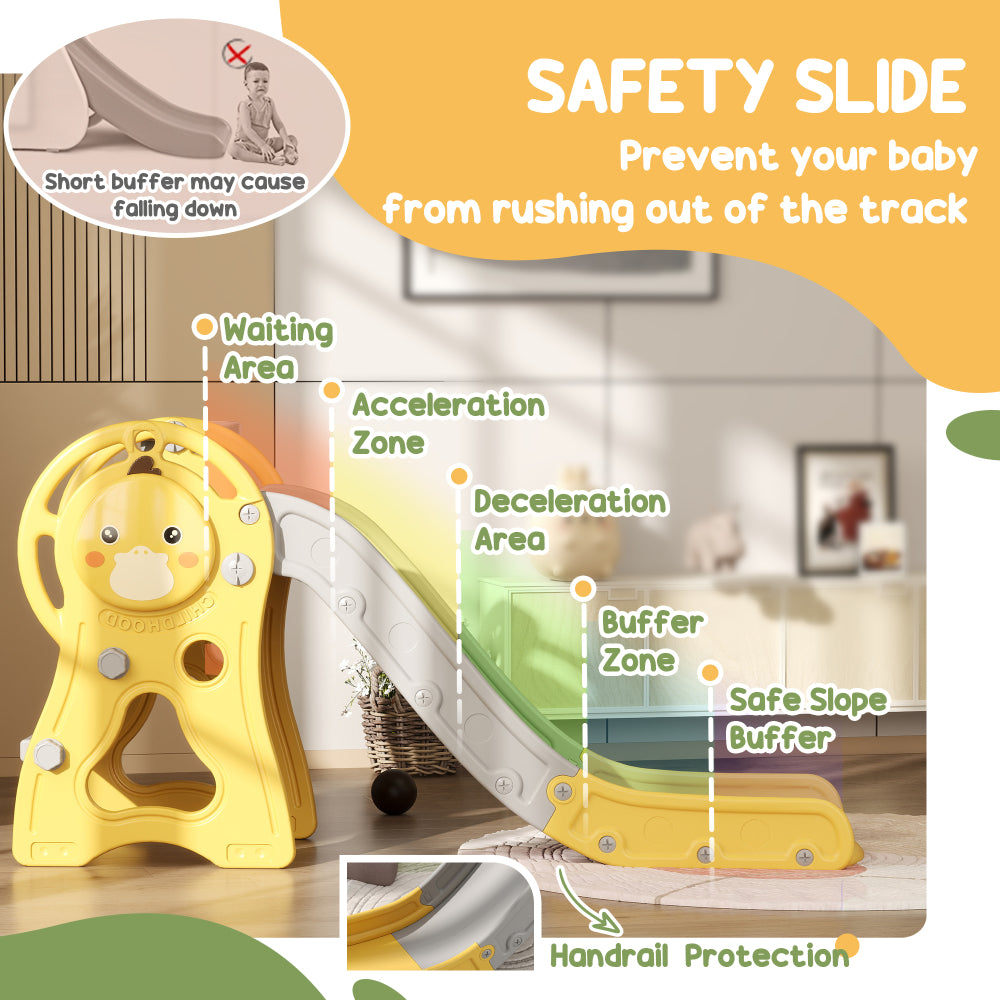Qaba Toddler Slide, 3 in 1 Slide for Kids Ages 1-3 Years, Indoor Slide with Basketball Hoop, Climber, Duck Pattern, Yellow