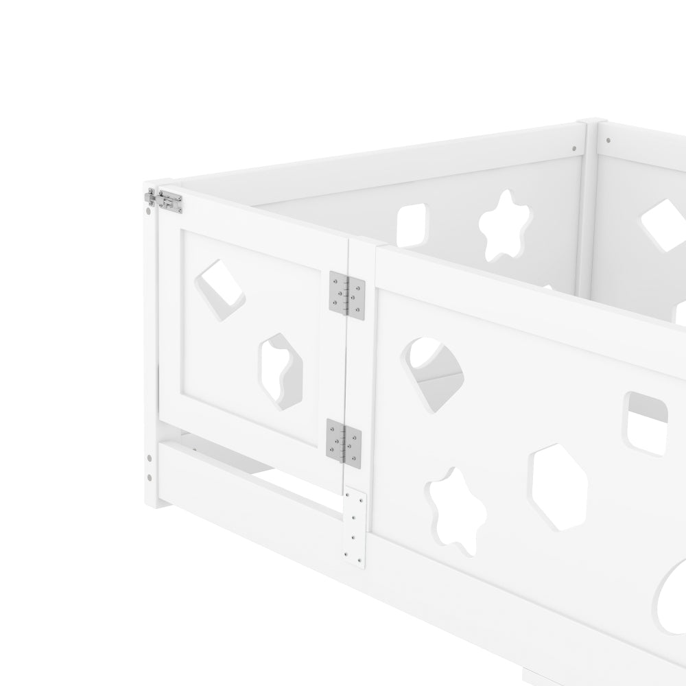 Twin Size Floor Bed with Heightened Safety Guardrails and Door, Solid Wood Bedframe with Rails for Girls, Boys, Teens, Child Bedroom, Kids Playroom, No Slats Included, White
