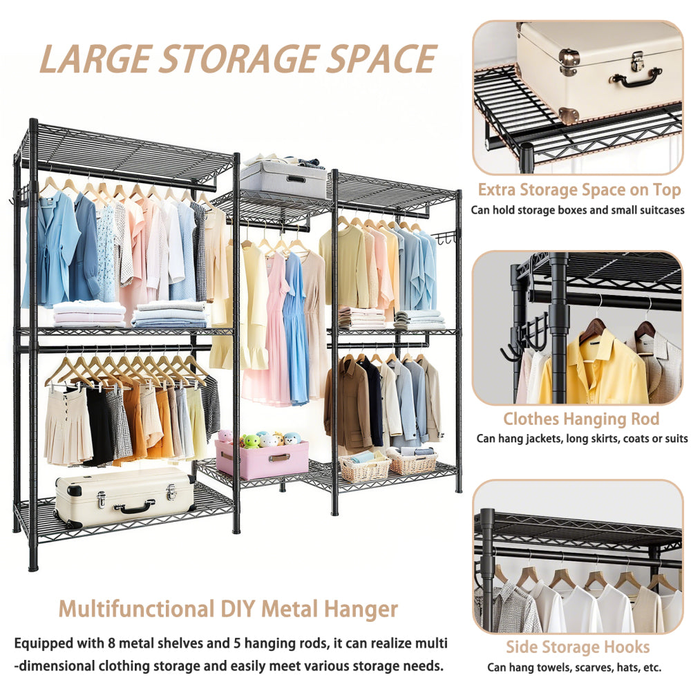 Heavy Duty Garment Rack, Freestanding Closet Organizer, Portable Wardrobe Clothes Rack, Adjustable Wire Shelving Clothes Rack with 8 Adjustable Wire Shelves and 5 Clothes Rails, Black