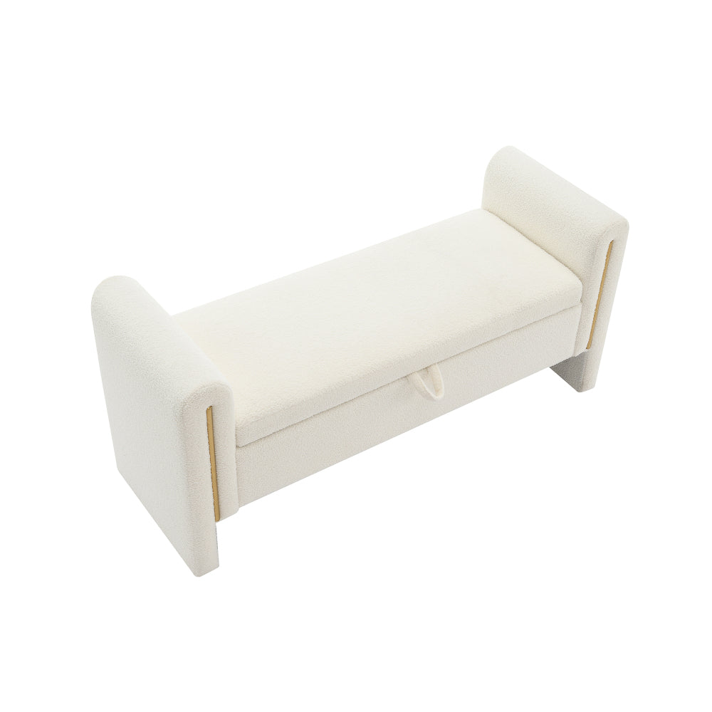Modern Teddy Bed End Bench with Arms and Storage,Upholstered Large Foot Rest Stool, Comfy Window Vanity Bench for Living Room,Bedroom,Dorm,Coffee Table,Teddy Cream