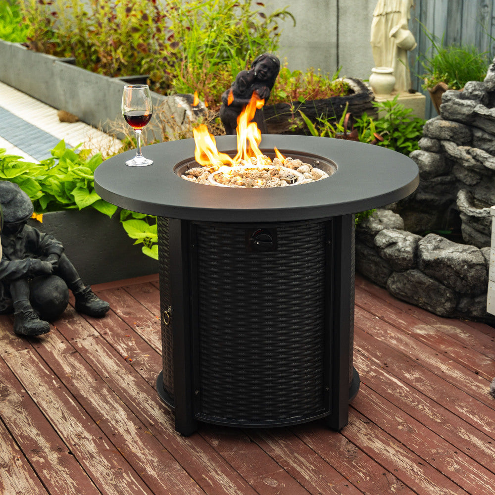 30" Propane Gas Fire Pit Table, 50000 BTU Round Steel Fire Pit with Imitation Wood Grain Finish for Outside Patio Deck Garden Backyard- Black