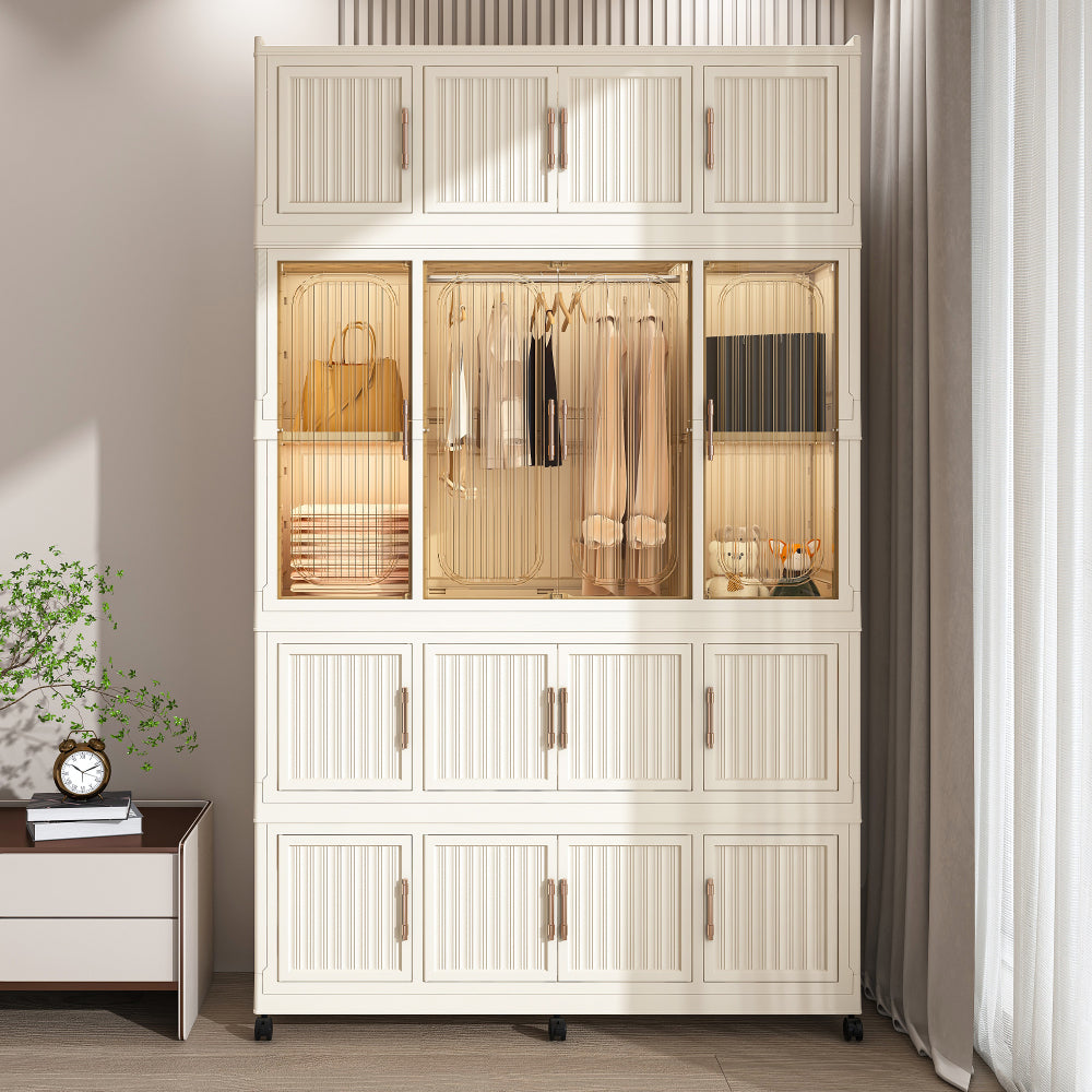 Portable Wardrobe Closet Storage Organizer for Clothes,Clothes Dresser,9 Magnetic Doors-9 Cubes & 1 Hanging Rod,6 pcs hangers , Baby Wardrobe Storage Cabinet,White