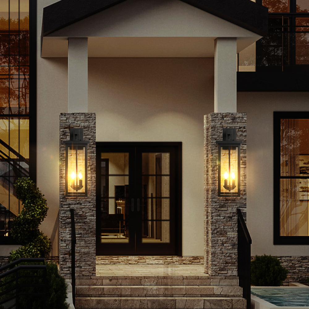 20"(H) Set of 2 Modern Outdoor Wall Lanterns with Black Metal Frame and Clear Glass, Weatherproof Wall Sconces for Porch, Garage, or Entryway Lighting, E26 Bulb Compatible (No Bulbs)