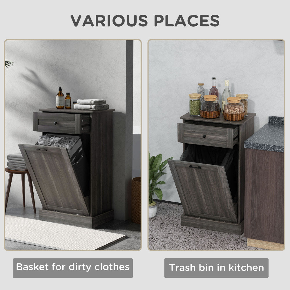 HOMCOM Kitchen Tilt Out Trash Bin Cabinet Free Standing Recycling Cabinet Trash Can Holder With Drawer, Charcoal Gray