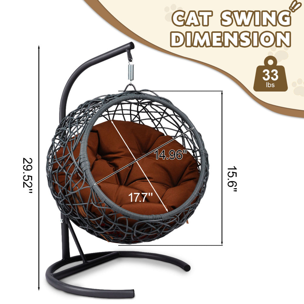 Cat Swing Bed with Stand & Cushion, Cat Egg Chair with Rattan Wicker Appearance, Indoor Hanging Swinging Cat Bed for Cats, Small Dogs, and Small Animals, Brown
