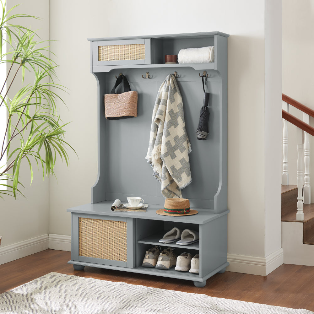 Clothes hanger Hall Tree Storage Bench Shoe Rack for Entryway, Hall Tree with Bench and Shoe Storage, Hall Tree Entryway Bench with Rattan Door Gray, 40.16"W*18.58"D*64.17"H