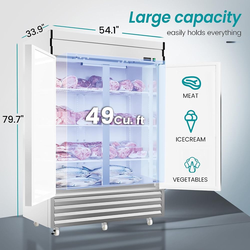 54"W 2 Door Commercial Freezer 49 Cu.Ft Dynamic Cooling OmniSmart Temperature Control -10℉~10℉ Self Closing Stainless Steel Reach-In Commercial Freezer Digital Thermostat LED Light 6 Shelves