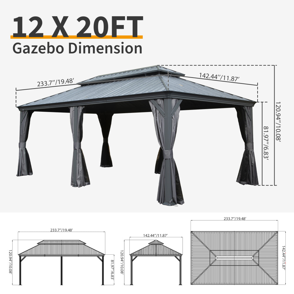 12' X 20' Hardtop Gazebo, Upgraded Metal Gazebo with Drainage System, Dual-Layer Galvanized Steel Roof, Curtain and Netting, Outdoor Shelter Canopy for Patio, Garden, and Backyard, Grey