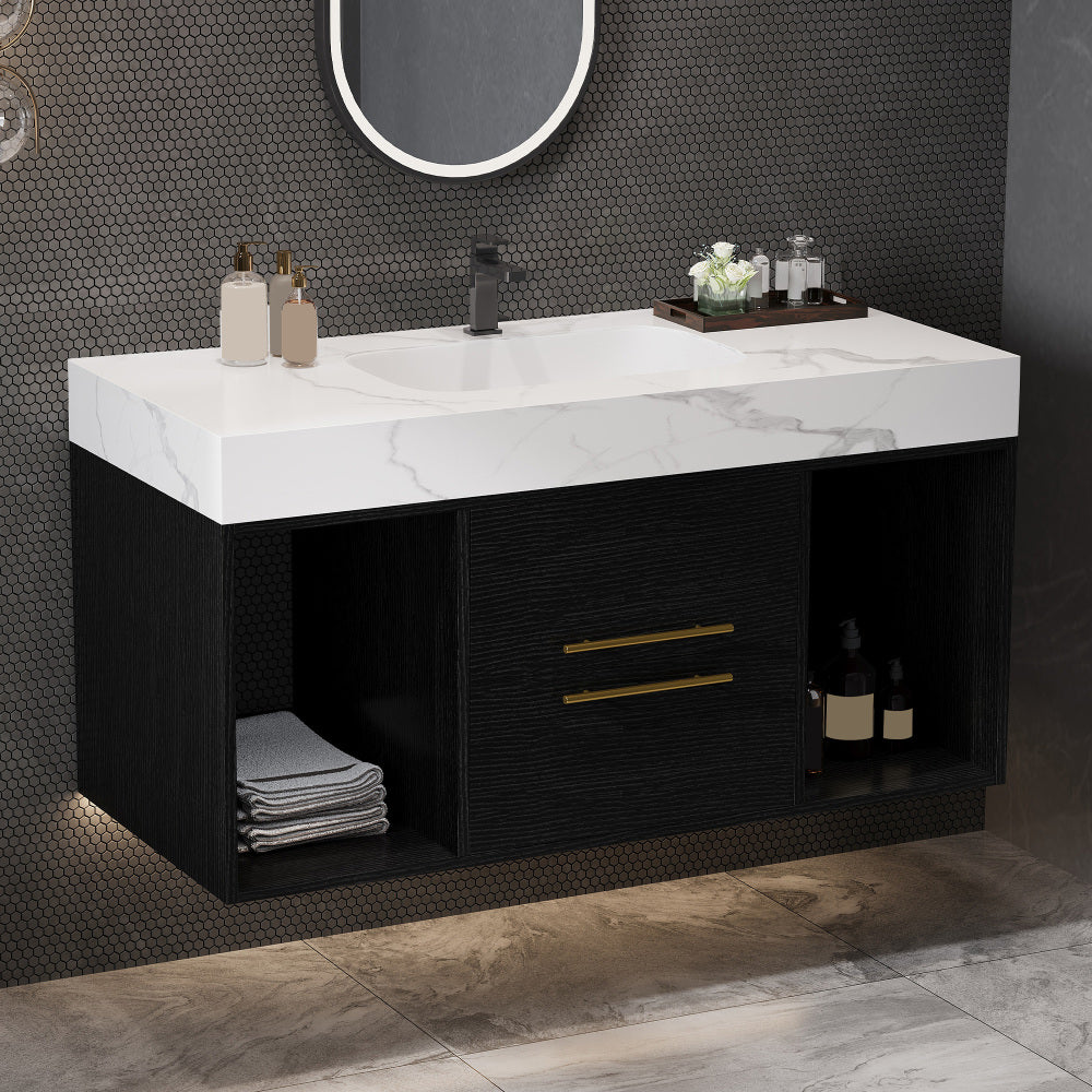 39.4" Bathroom Vanities with Ceramic Sink,Floating Bathroom Vanity,Wall Mounted Storage Cabinet with 2 Drawers and 2 Storage Spaces,Modern Bathroom Sink Cabinet with Metal Handles