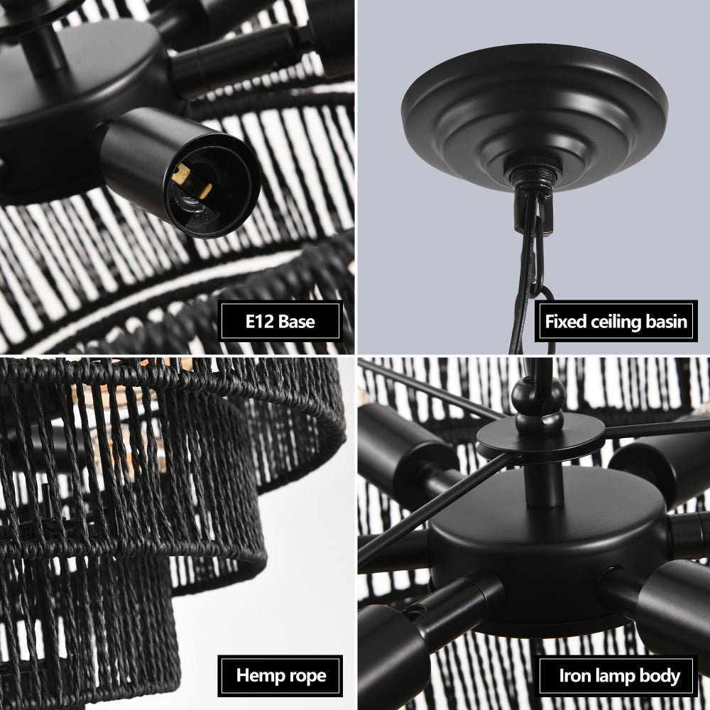 20" Rustic 4-Tier Black Hemp Rope Pendant Light Chandelier with 6 E12 Sockets, Handmade Tiered Boho Ceiling Light Fixture for Dining Room, Kitchen, or Foyer (Bulb Not Included)