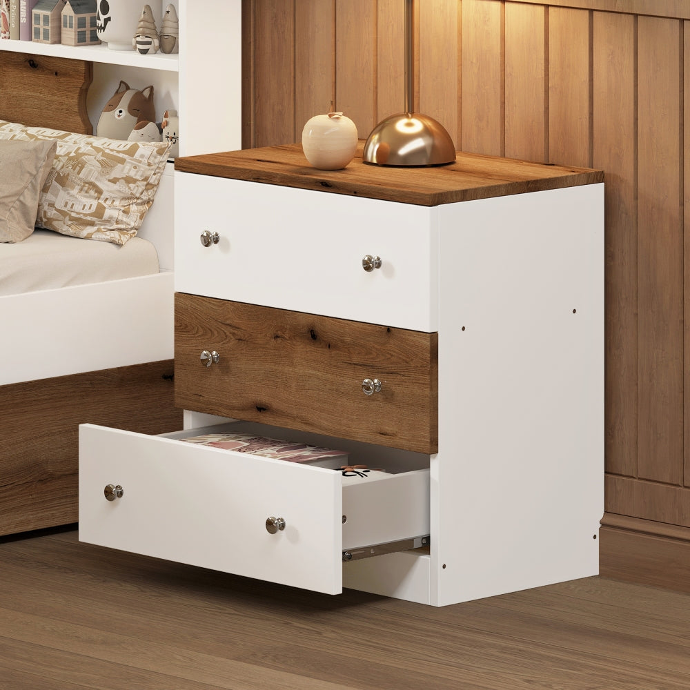 3-Pieces Bedroom Sets, Twin Size House-Shaped Wooden Bed with Storage Drawers, Nightstand with Colorblock Design and House-shaped Stroage Rack, Brown+White