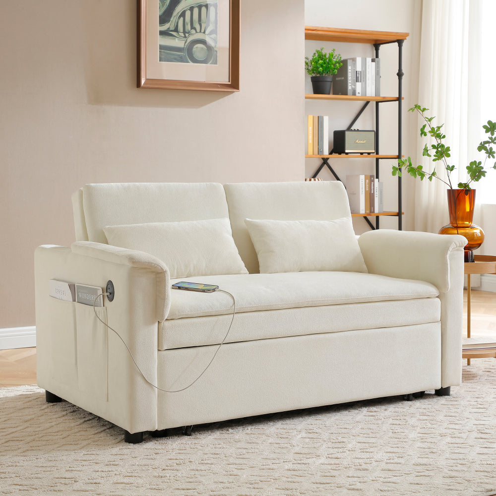 55" Velvet Two Seater Pull Out Sofa Bed, Adjustable Backrest With USB Ports, Two Side Pockets, 3 in 1 Convertible Sleeper Sofa Bed, Modern Love Seat Lounge,2 waist pillows for living rooms,GREY