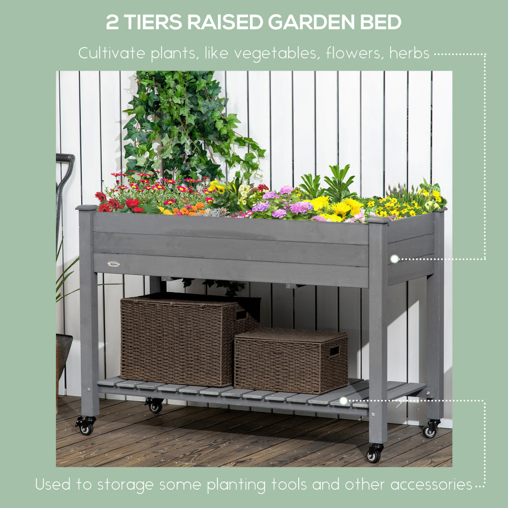 Outsunny Raised Garden Bed, 47" x 22" x 33", Elevated Wooden Planter Box with Lockable Wheels, Storage Shelf, and Bed Liner for Backyard, Patio, Dark Gray