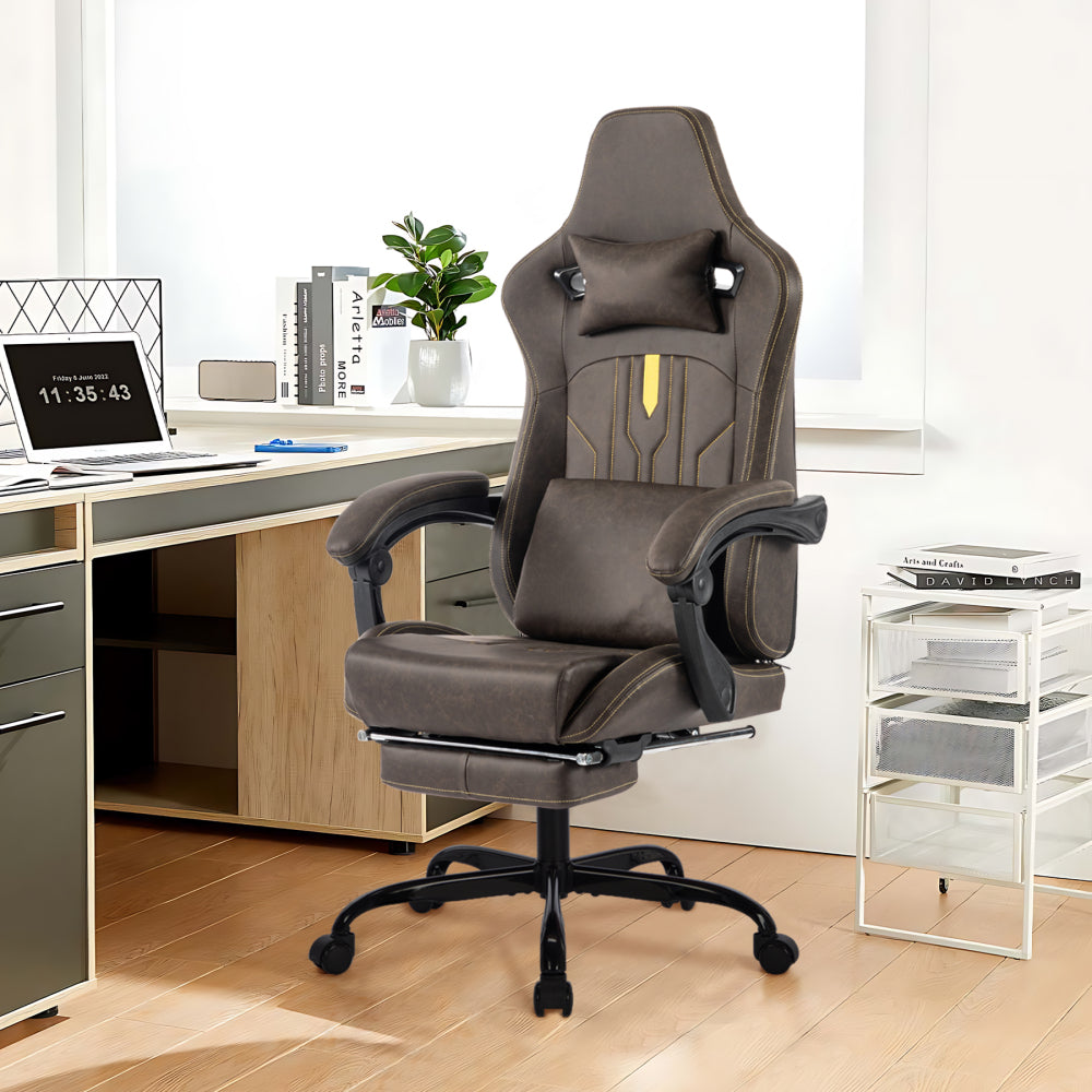Gaming Chair, Video Game Chair with Massage Lumbar Support and Footrest, Comfortable Ergonomic Computer Chair with Linkage Armrests, Height Adjustable Racing Game Chair Pu Leather for Adults,Brown