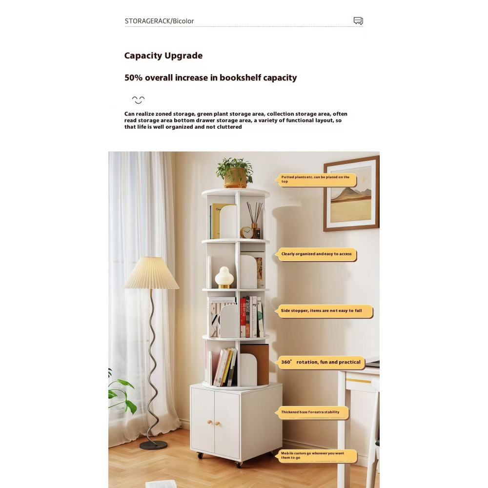 Rotating Bookshelf, 360 Degree Display 5 Tier Corner Bookshelf with Drawer for Small Space, Floor Standing Bookcase Storage Rack, Wood Narrow Book Shelf Organizer for Bedroom, Living Room (WHITE)