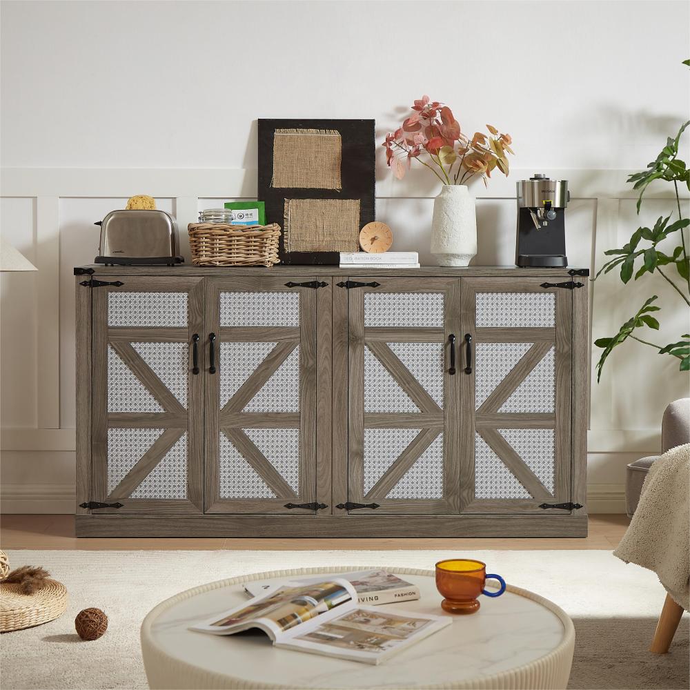 65-Inch Rustic Oak Color Faux Rattan Sideboard, Barn Door Rustic Style Sideboard, Living Room, Entryway, Bedroom, Dining Room Four Door Storage Cabinet