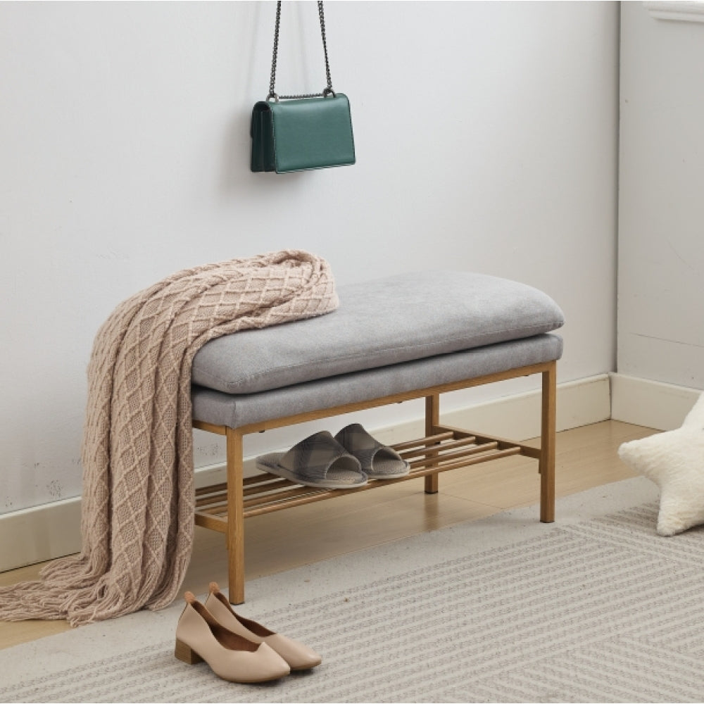 End of Bed Bench with Shelf, Linen Upholstered Storage Shoe Bench, Modern Bedroom Bench with Metal Legs for Living Room, Entryway, Dining Room, 300 LB, Linen Color(Black)