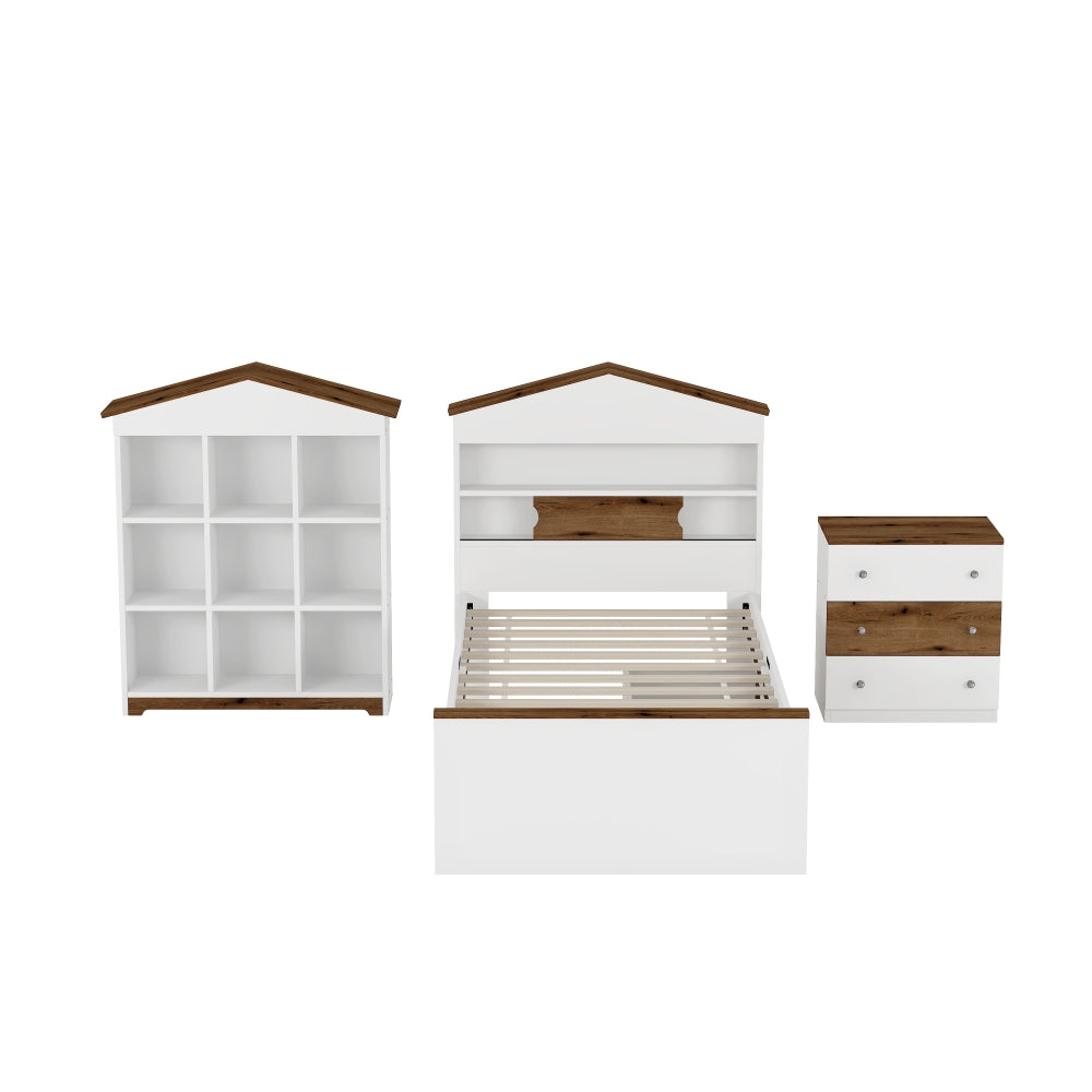 3-Pieces Bedroom Sets, Twin Size House-Shaped Wooden Bed with Storage Drawers, Nightstand with Colorblock Design and House-shaped Stroage Rack, Brown+White