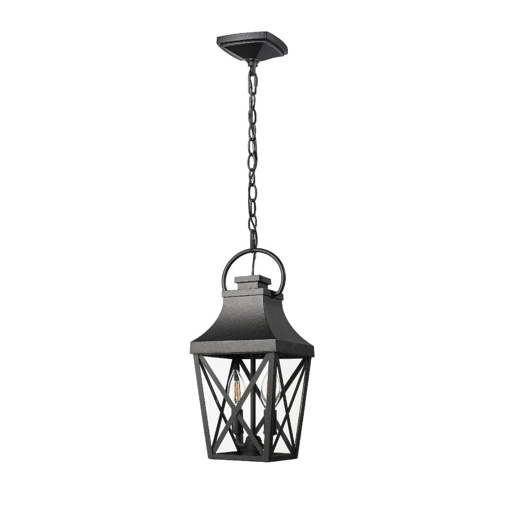 Black Outdoor Pendant Light 2-Light Outside Pendant Hanging Light Fixture Ceiling Mount with Clear Glass Industrial Hanging Cage Chandelier for Porch,Entryway,Doorway,Farmhouse (1 pack)