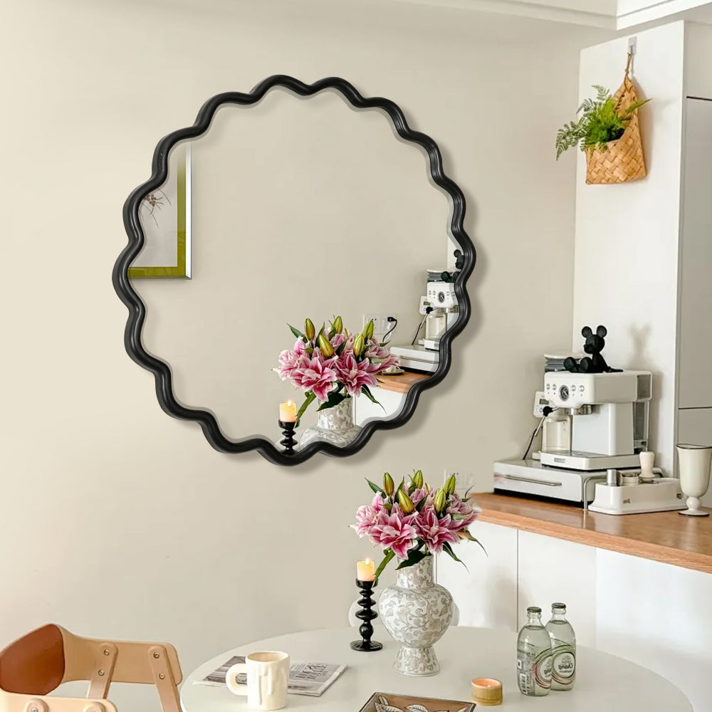 Solid Wood Wavy Mirror-Black Vanity Mirror Wall Decor 42" x 42" Modern Mirror Wall Decor for Bathroom, Bedroom, Living Room, Dining Room, Cloakroom, Entryway