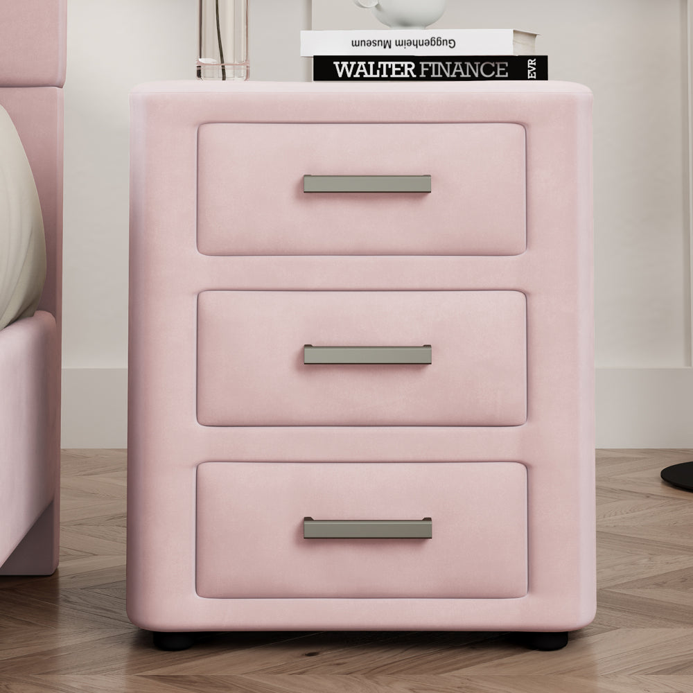 3 Pieces Bedroom Sets Queen Size Velvet Upholstered Platform Bed Vertical Channel Tufted Headboard and Two Three-drawer Nightstands,Pink