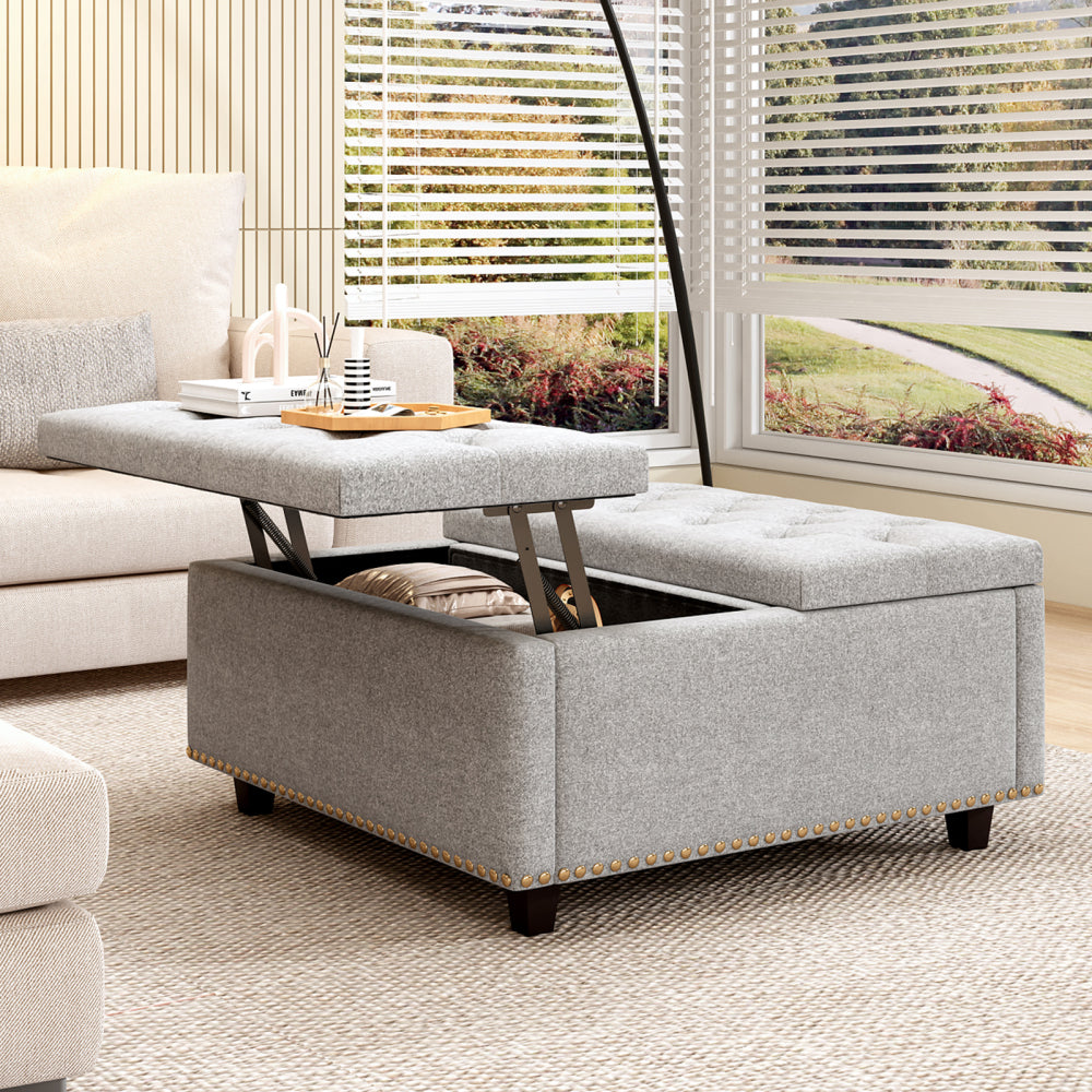 Large square storage stool with two storage doors, footstool for living room Mid-century modern coffee table with nailhead inlay, brown PU leather