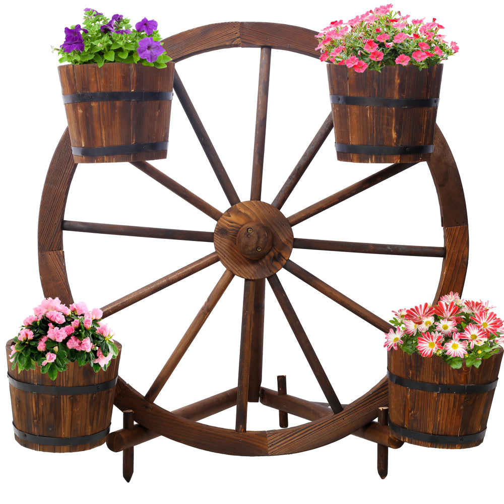 Wood Wagon Flower Planter Pot Stand W/Wheels Home Garden Outdoor Decor