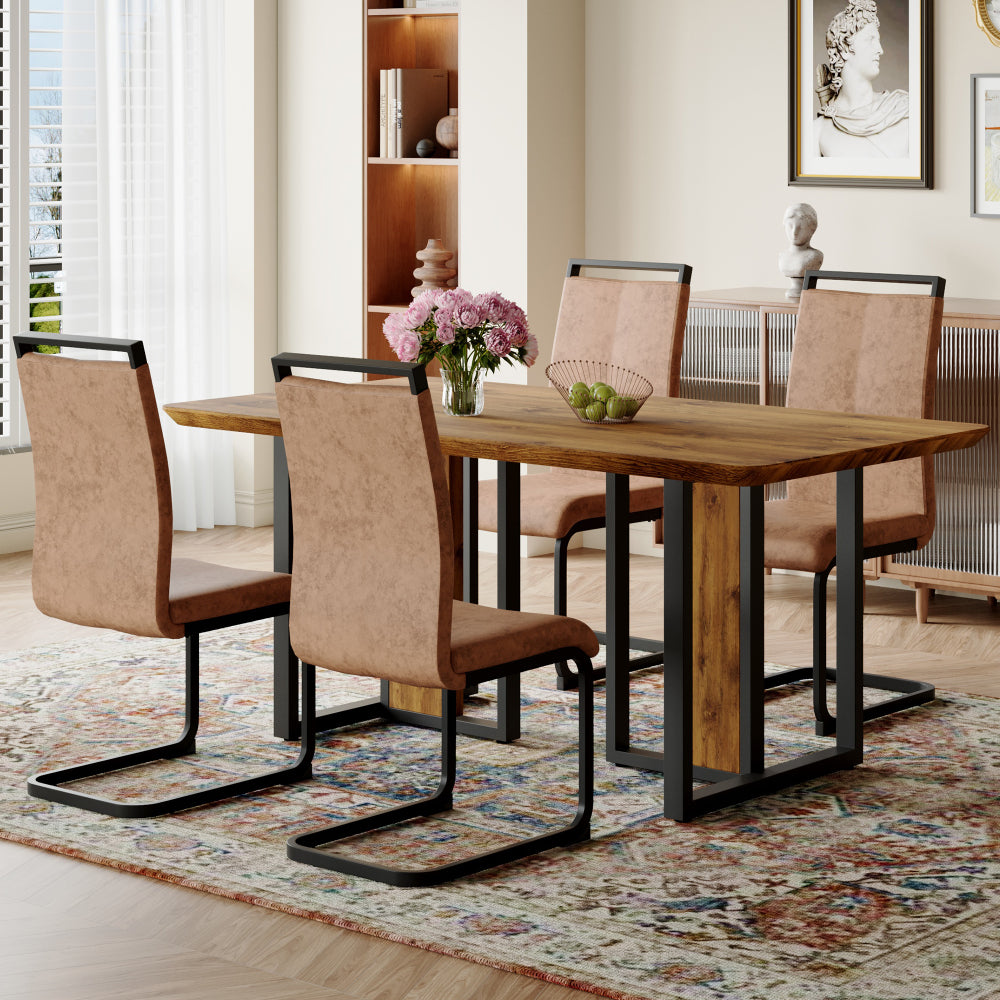 Table and chair set.67"x36" Wood-Textured MDF Dining Table Set with 4 Brown Fabric Chairs.MDF sticker,Wood colored texture sticker,Black C-tube dining chair legs,Suitable for kitchen,Dining room,etc.