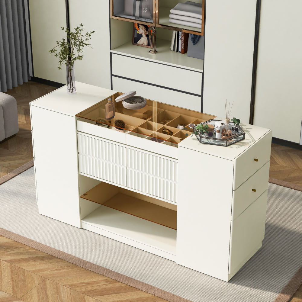 Modern Luxury Multi-Functional Island Vanity Dresser and Storage Cabinet with Glass Tabletop, Display Cabinet, 6 Drawers for Walk-in-Wardrobe and Bedroom