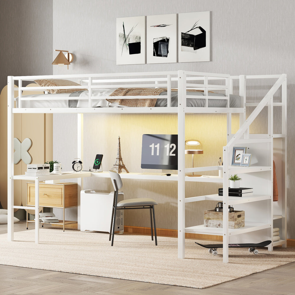 Twin XL Size Loft Bed with L-shaped Desk and USB, Metal Loft Bed with Wardrobe and Adjustable Shelf, High Loft Bed with LED for Kids Teens Adults, Black