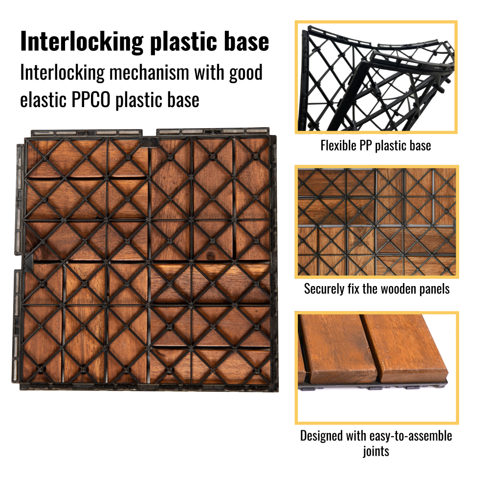 Acacia Wood Interlocking Deck Tiles Checker Pattern, 10PCS 12" x 12" Square Brown Acacia Hardwood Outdoor Flooring for Patio, Bancony, Pool Side,...
