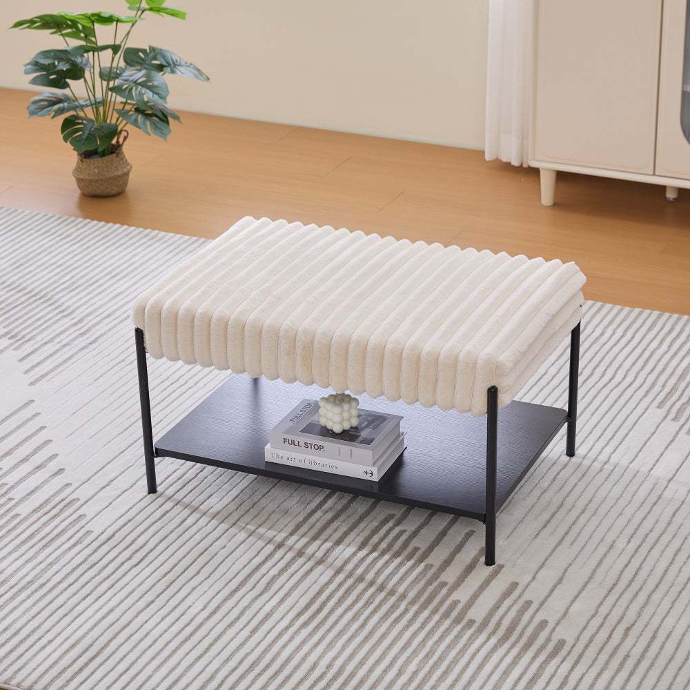 30.7"Wide Upholstered Ottoman Coffee Table Foot Rest with Black Metal Legs,Footstool with Wooden Open Storage Shelf, Faux Fur Foot Stool for Living Room Bedroom Entryway Hotel. Beige