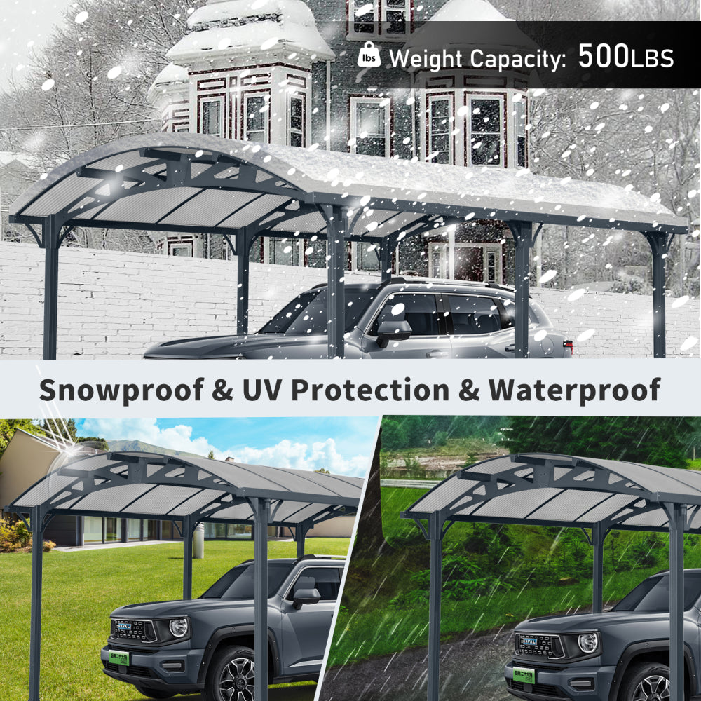 Outdoor Carport, 12 FT * 16 FT* 8 FT Arch Carport with Aluminum Frame and Polycarbonate Panels Car Port for Outdoor Driveway Car, Truck