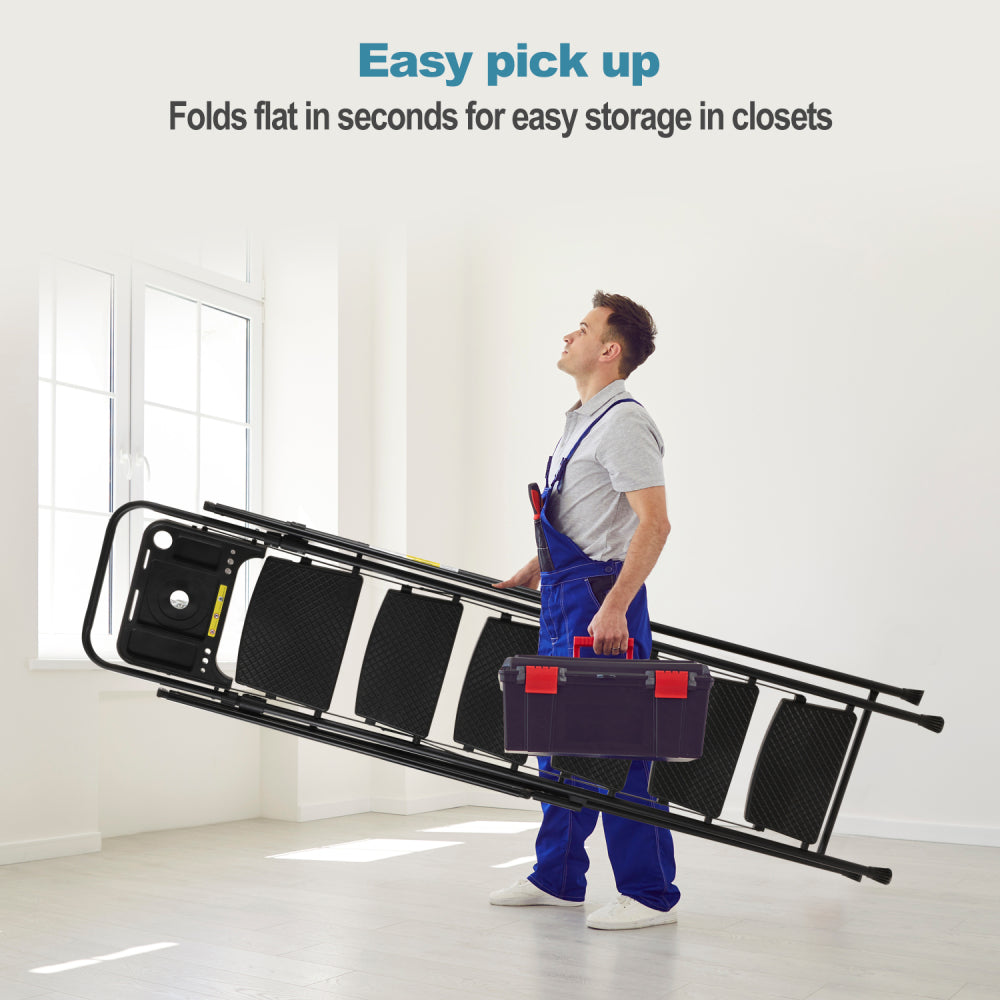 Folding step stool with bandwidth anti slip pedals and tool trays, lightweight and portable steel step stool, perfect for kitchen and home, indoor and outdoor use, sturdy steel steps (6 levels)